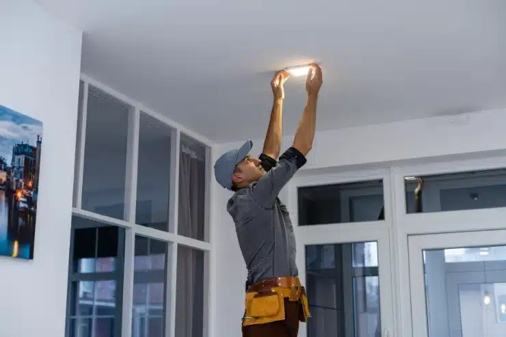 handyman replacing a light bulb